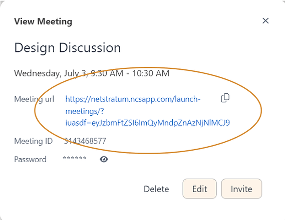 View Meeting modal with the Meeting URL and Copy icon highlighted