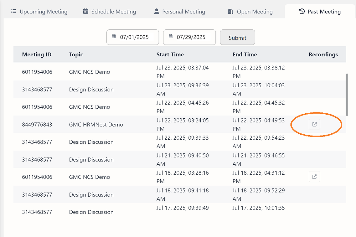 Past Meeting tab with date filters and a Recordings icon highlighted