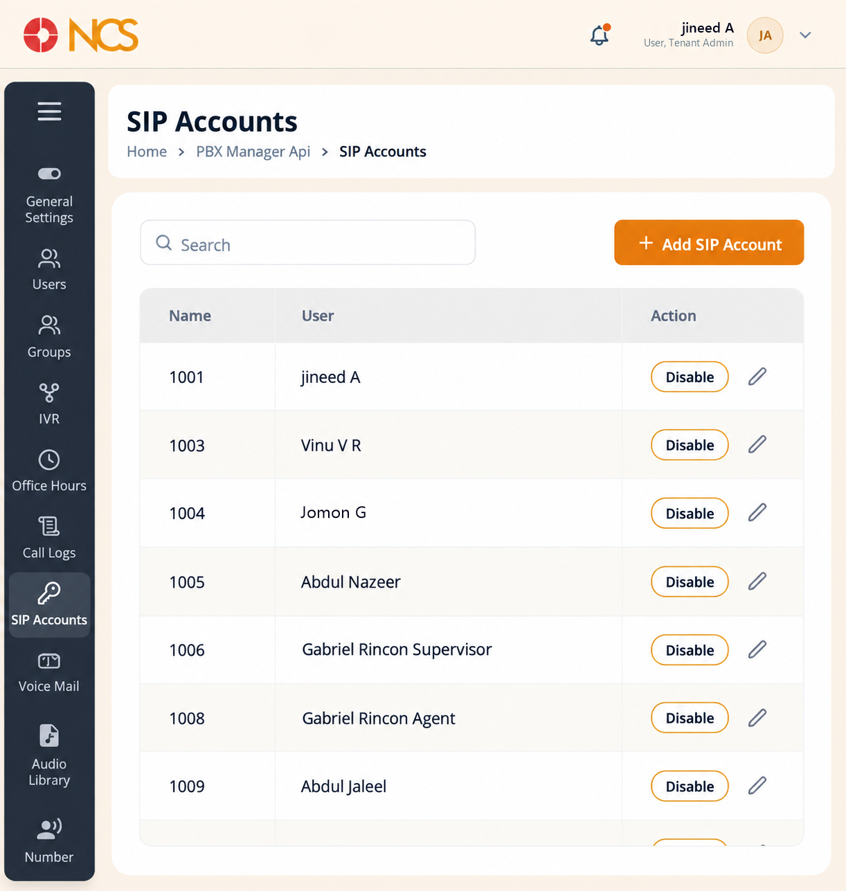 PBX 7.1 SIP Accounts List