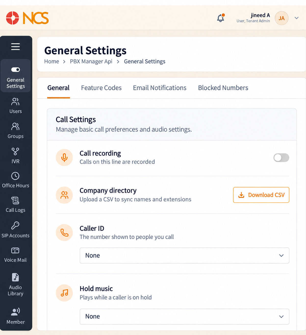 PBX 1.1 General Configuración (Llamada Configuración)