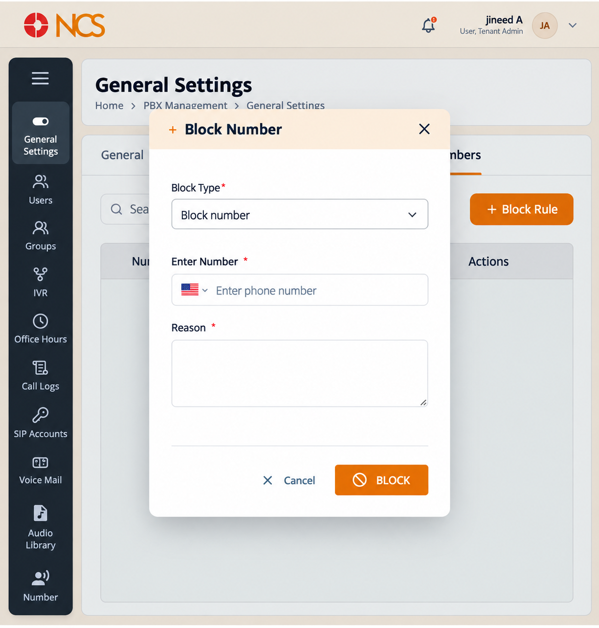 PBX 1.6 Block Números Form