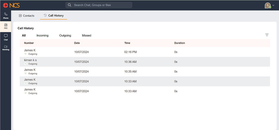 PBX Call History tab