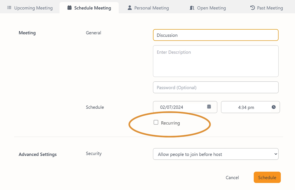 Schedule Meeting form with the Recurring checkbox highlighted