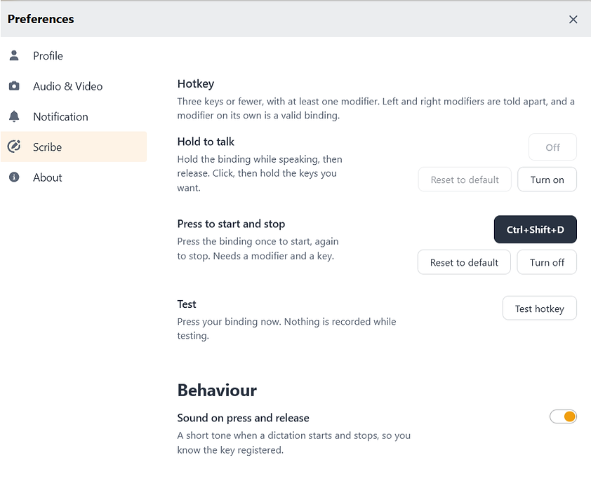 Scribe hotkey and behaviour settings