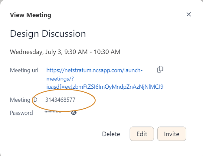 View Meeting modal with the Meeting ID highlighted