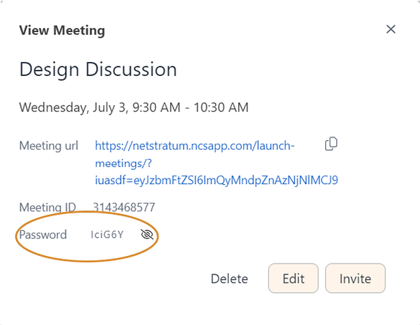 View Meeting modal with the Password and Eye icon highlighted