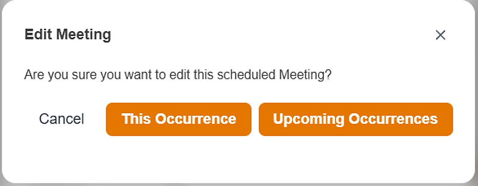Edit Meeting modal for a recurring meeting with This Occurrence and Upcoming Occurrences buttons