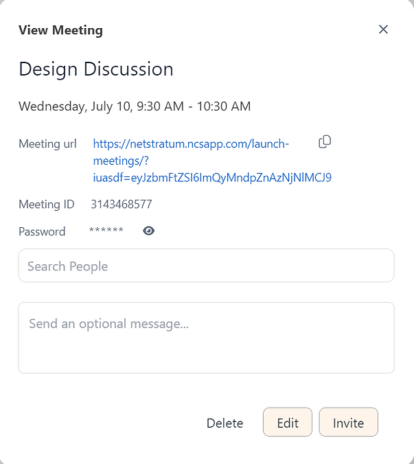 View Meeting modal expanded with Search People and optional message fields