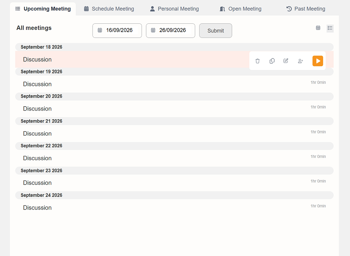 List View with quick action icons on a selected meeting row
