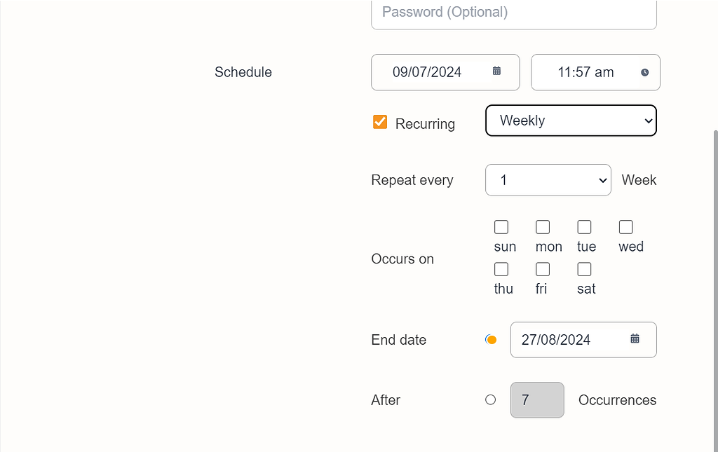 Weekly recurrence options with Occurs on day checkboxes