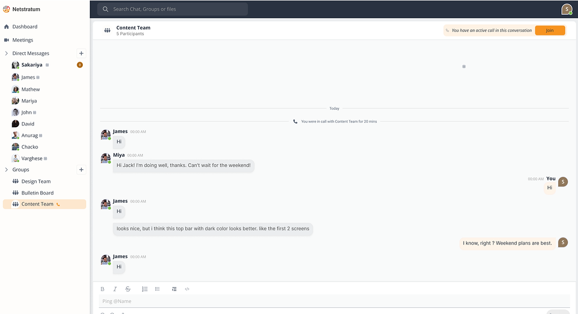 Ongoing call with the Leave button in the Chat Top Bar