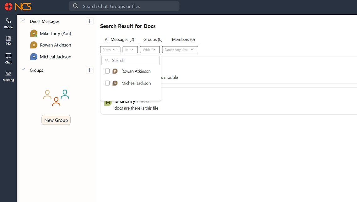 Search results with the From filter open