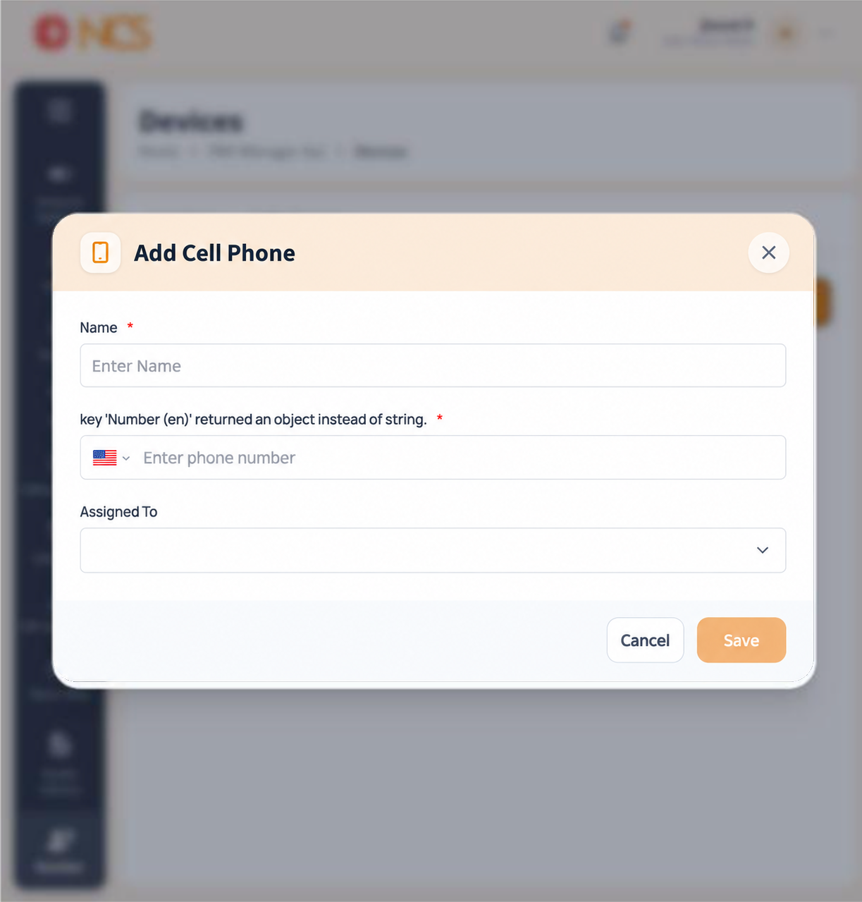 PBX 10.2 Formulário Adicionar Celular