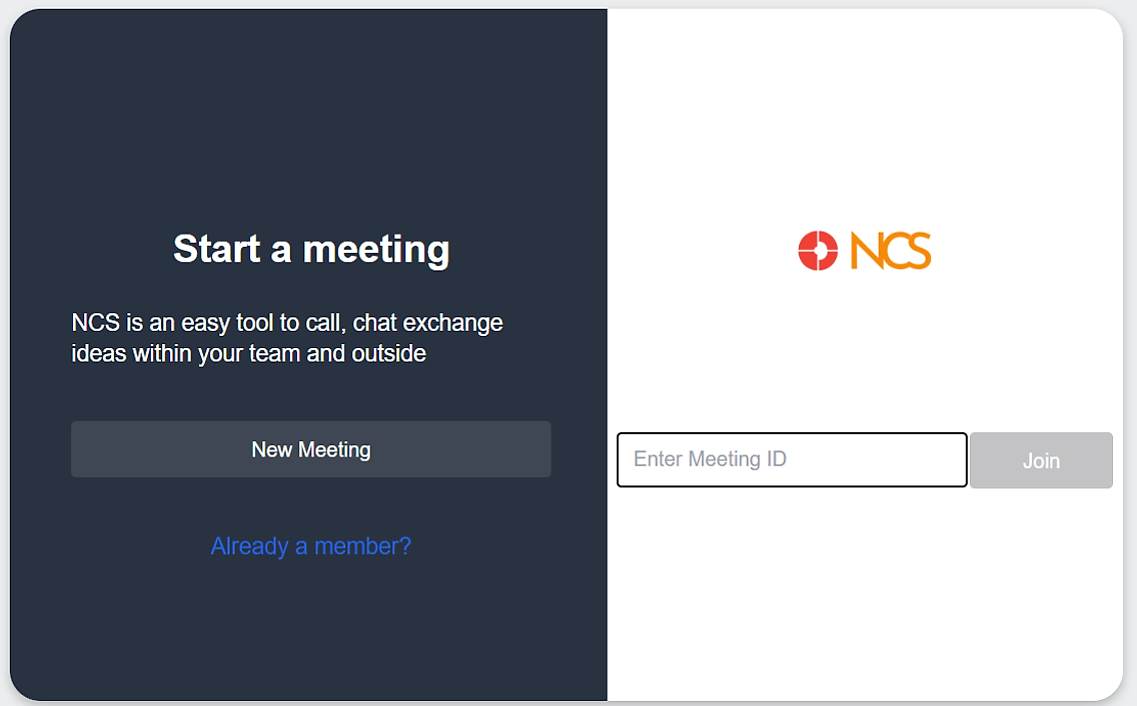 Start a meeting page with New Meeting button and Enter Meeting ID field